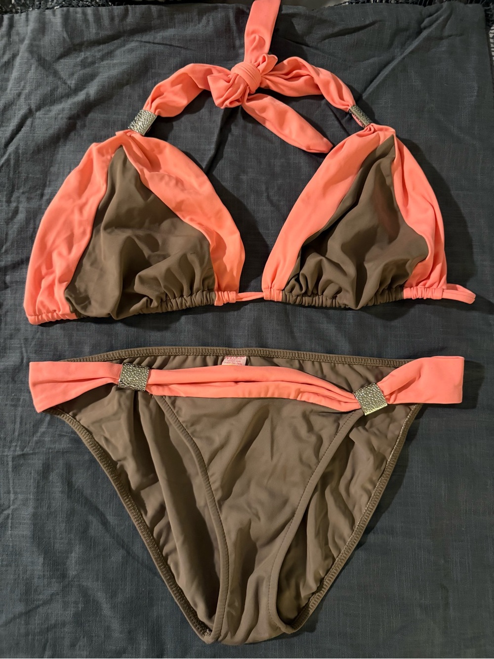 Women’s Two-Tone Coral and Brown Halter Bikini